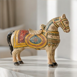 CHEVAL SÉCURÉTÉ PAR LES MAINS - Figurine de cheval en bois beige peinte à la main, lot de 4, Studio Views, Indien (30 CM X 9.5 CM X 29 CM) - Product Image 1