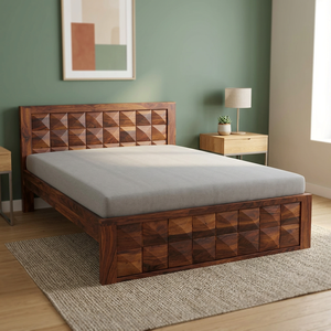 Luxury Solid Wood Minimalist Platform <b>Bed</b> <b>Frame</b> Geometric Headboard King <b>Queen</b> <b>Size</b> Modern Bedroom Furniture - Product Image 2