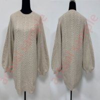 Robe pull élégante à col rond en maille torsadée, manches raglan, style tunique, couleur avoine, avec manches ballon épaisses pour femme