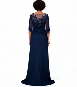 فساتين أم العروس من الشيفون المزين بالترتر باللون الأزرق البحري مع عباءة، تصميم A-Line بمقاسات كبيرة وطول يصل إلى الأرض - Product Image 3