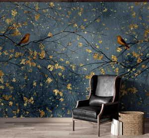 Carta da <span class=keywords><strong>Parati</strong></span> Murale Lussuosa Blu Scuro e Oro <span class=keywords><strong>con</strong></span> Uccelli e Alberi per Hotel, Soggiorno, Camera da Letto, Decorazione Interna <span class=keywords><strong>con</strong></span> <span class=keywords><strong>Foglie</strong></span> Metalliche - Product Image 1