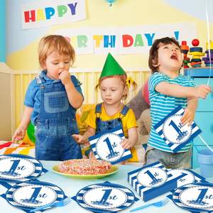 Assiettes jetables brodées et gaufrées de haute qualité, thème bleu, décoration de fête de 1er <span class=keywords><strong>anniversaire</strong></span> pour bébé garçon, fournitures de <span class=keywords><strong>table</strong></span> - Product Image 4