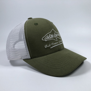 ODM Premium personnalisé <span class=keywords><strong>poisson</strong></span> brodé logo Design 6 panneaux structuré vert foncé pour adultes vêtements d'été coton maille casquette de camionneur - Product Image 4