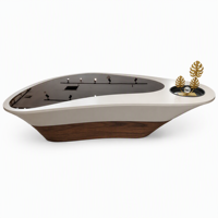 Table basse ovale crème en verre fumé organique avec éclairage LED intégré, base en noyer, socle flottant, en bois écologique pour salon