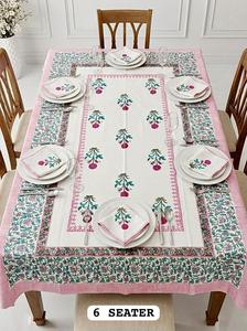 Nappe de table moderne à motifs floraux imprimés à la main en 100 % coton avec serviettes pour 6 personnes, usage domestique - Product Image 6