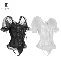 Costume Steampunk pour femme, chemise à pois noir et blanc, gaine de poitrine, corset à baleines en satin à dentelle florale avec manches, grande taille