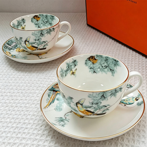 Fine Bone China Coffee <b>Cup</b> <b>Set</b> With Tropical Jungle Print And Gold Rim 2 Pieces Elegant Tableware - Product Image 4
