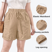 Shorts décontractés en lin mélangé pour femmes grandes tailles, taille élastique avec cordon de serrage, poches spacieuses, ourlet retroussé, shorts d'été