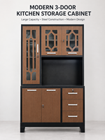 Armoire de rangement de cuisine en métal à 3 portes avec portes vitrées, tiroirs verrouillables, armoire de rangement autoportante