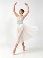 Justaucorps de danse lyrique pour femme adulte avec jupe en maille ornée de strass, robe midi en mousseline, costume de scène