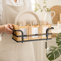 Organisateur d'ustensiles de cuisine en bois avec couvercle en acrylique, porte-serviettes en papier, plateau à couverts et distributeur d'assiettes en carton pour cuillères et fourchettes