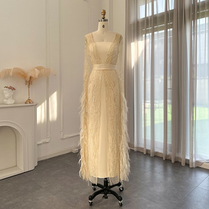 Sharon Said SS420 <span class=keywords><strong>Vestido</strong></span> de noche amarillo de <span class=keywords><strong>plumas</strong></span> de lujo con mangas de capa <span class=keywords><strong>Vestido</strong></span> de compromiso de Dubái para mujer Fiesta de boda - Product Image 1