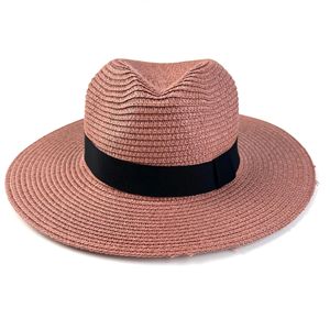 Topi Panama Anyaman Warna Solid Baru dengan Pinggiran Lebar dan Pita Hitam, Topi Jerami Fedora Pelindung Matahari untuk Musim Panas di Pantai, untuk Wanita dan Pria - Product Image 6
