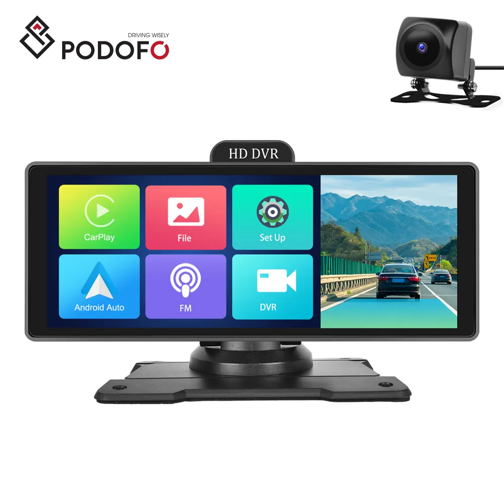 Podofo 4K 10.26 "ADAS 대시 캠 휴대용 Carplay 안드로이드 자동 듀얼 렌즈 자동차 블랙 박스 HD 1080P 나이트 비전 GPS 와이파이 BT FM 라디오
