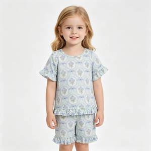 Conjunto de Ropa para Niñas Pequeñas al por Mayor, Blusa con Lazo Floral Azul y Mangas con Volantes, con Pantalones Cortos a Juego, Ropa Casual de Verano para Niños - Product Image 1