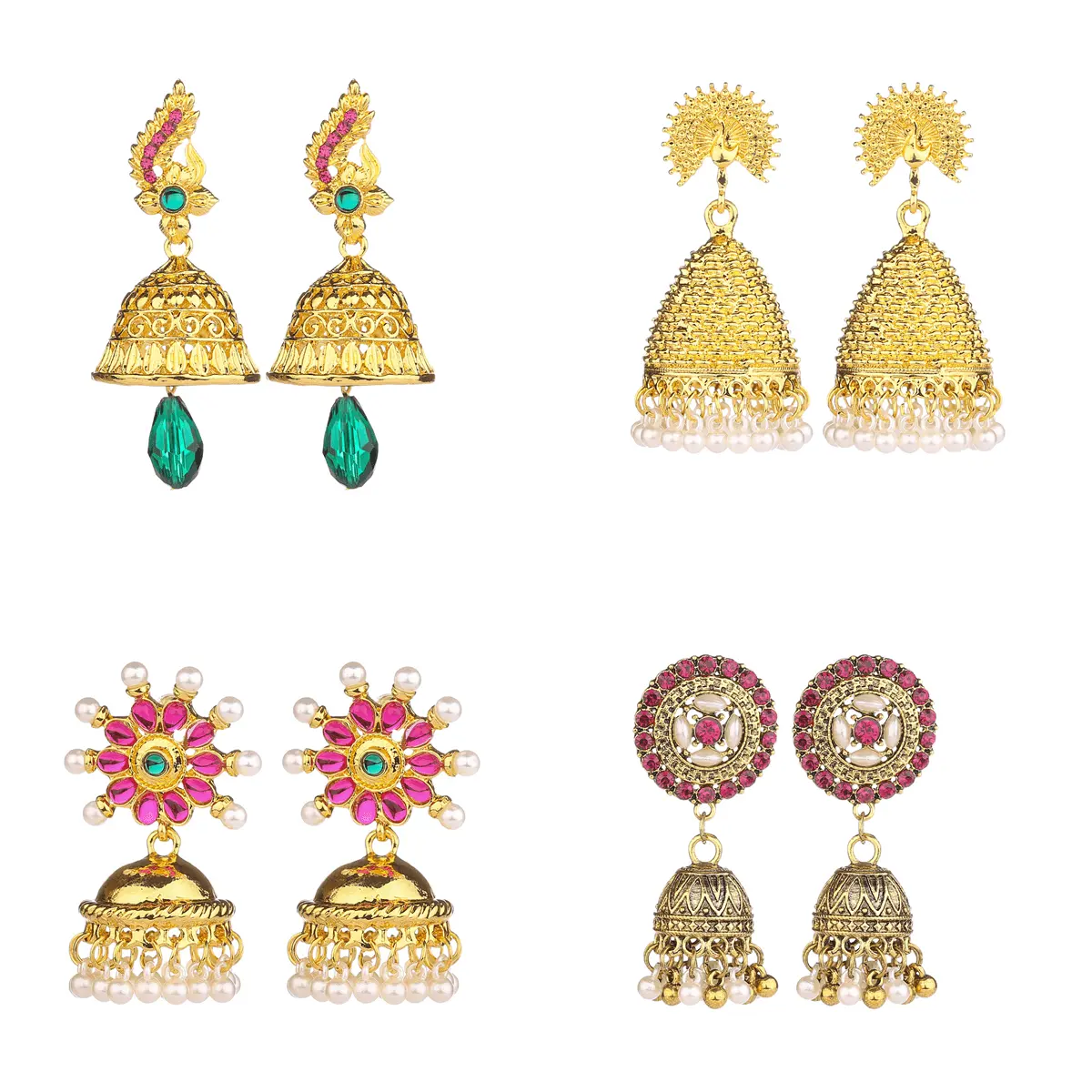 Nieuwe Ontwerp Retro Vergulde Indian Jhumka Oorbel Sieraden Set Voor Vrouwen Luxe Kundan Bell Oorbel Groothandel