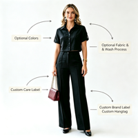 Ensemble 2 pièces pour femme : chemise courte boutonnée à manches courtes et pantalon taille haute à jambes larges – Tenue décontractée et élégante pour le bureau