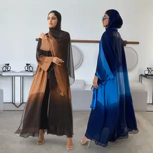 2024 venta al por mayor personalizado gradiente kimono hijab abaya conjunto diseño turco lujoso musulmán largo Maxi abrigo abaya Thobe