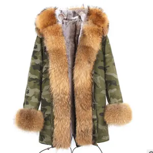 Chaqueta parka de piel de mapache auténtica para mujer y niña, abrigo de piel de zorro, abrigo de piel cálido en invierno
