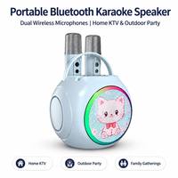 Speaker Bluetooth Anak-Anak Bentuk Kucing Lucu dengan Dua Mikrofon Nirkabel, Pengubah Suara, Lampu RGB, dan Penyangga Ponsel, Kotak Audio untuk Pesta