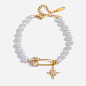 Fashion Charm Bracelet Imitation Pearl Gold Tone <b>Star</b> Pendant Paper <b>Clip</b> Design Gift Jewelry - Product Image 1