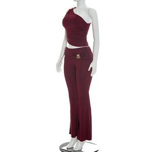 Viviblook D26ST215 Women Casual <b>Set</b> Metal Single Shoulder <b>Sexy</b> Sleeveless Asymmetrical Vest Top Flared Pants Two Piece <b>Set</b> - Product Image 3
