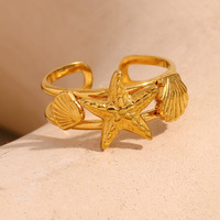 Bague ouverte personnalisée style vacances d'été à l'océan, en acier inoxydable plaqué or 18 carats, avec coquillage et étoile de mer, pour empilage sur les doigts