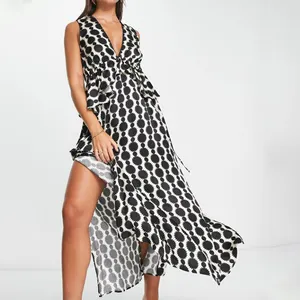 Customized high quality running spot pinny in polka dot maxi dress for women retail hot selling printed woman long sexy dress
