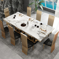 Meubles de salle à manger modernes haut de gamme, ensembles de tables à manger, table à manger carrée en marbre et acier inoxydable antique, chaises