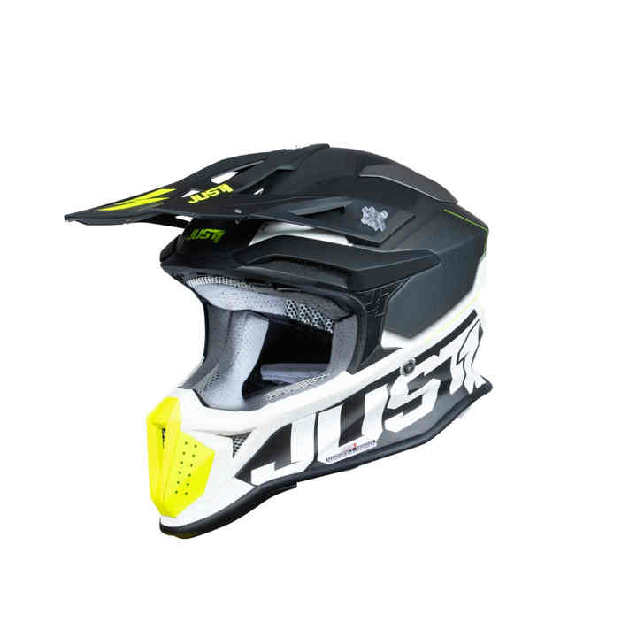 Just1 J18-F Fluorescent Yellow Black and White Hexa Helmet with Dual Flip-Up Visor Size M Boxed for Motorcycle and Cycling Use