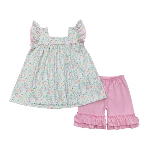 GSSO0487 Flying sleeve Spring floral print suit for girls Pink shorts ruffles Children's spring and summer clothes