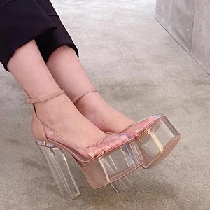 Women PVC High Chunky Heels Transparent Thick Platform Sandals Crystal Summer New Ankle Buckles Apricot Pumps Shoes - Product Image 2