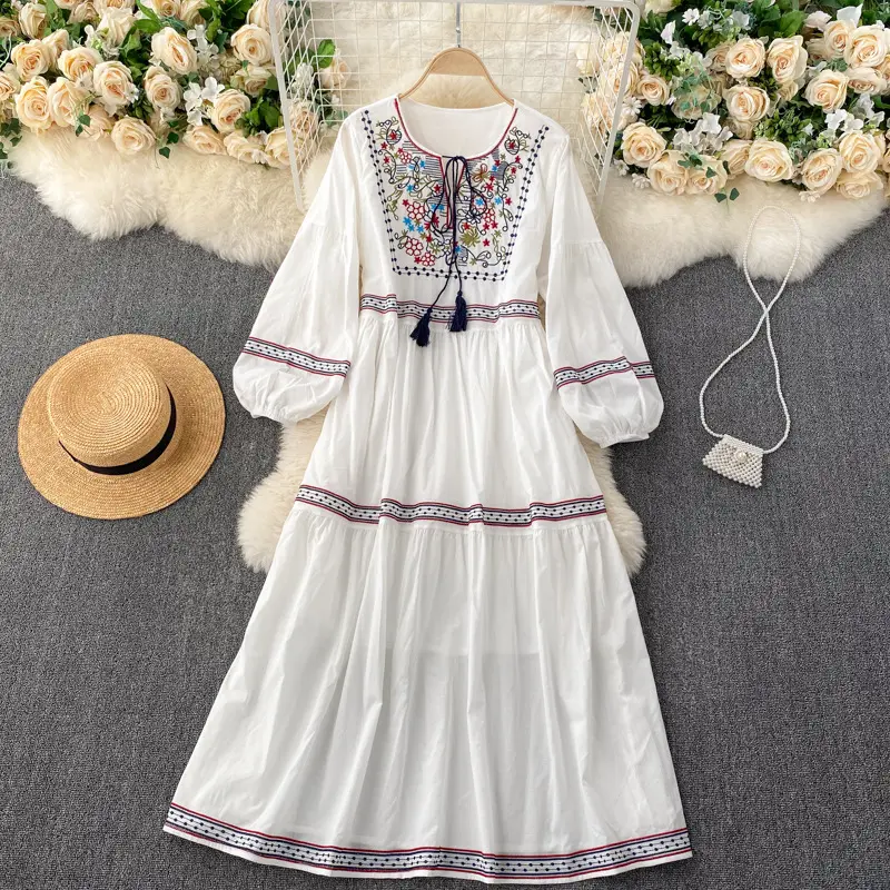 Bohemia vintage embroidery tassel tie round neck loose large women's dress national style fake dress