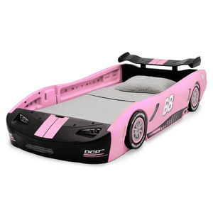 Lit de course automobile pour enfants - Cadre de lit de véhicule de dessin animé rose et noir avec conception de sécurité, Meubles de chambre d'enfant pour tout-petits/jeunes - Product Image 6