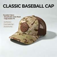 Casquette de camionneur camouflage personnalisée OEM ODM avec patch en cuir gravé au laser, maille respirante, pour la pêche, le camping et l'aventure