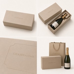 Boîte cadeau champagne personnalisée au toucher doux, finition velours sable chaud, boîte rigide en deux parties avec typographie en relief, emballage 750 ml - Product Image 2