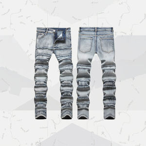 Jean en denim tricoté coloré pour homme, style urbain, déchiré, extensible, coupe droite, taille mi-haute, décontracté, hip-hop, avec franges, coupe slim, style rock chic - Product Image 3