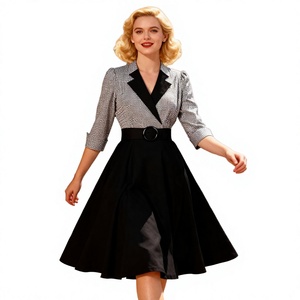 Vente en gros sur mesure Robe Vintage Hepburn Printemps Automne avec fermetures éclair, respirante, longueur midi, motif pied-de-poule, patchwork, col en V, manches 3/4 évasées, coupe haute - Product Image 2