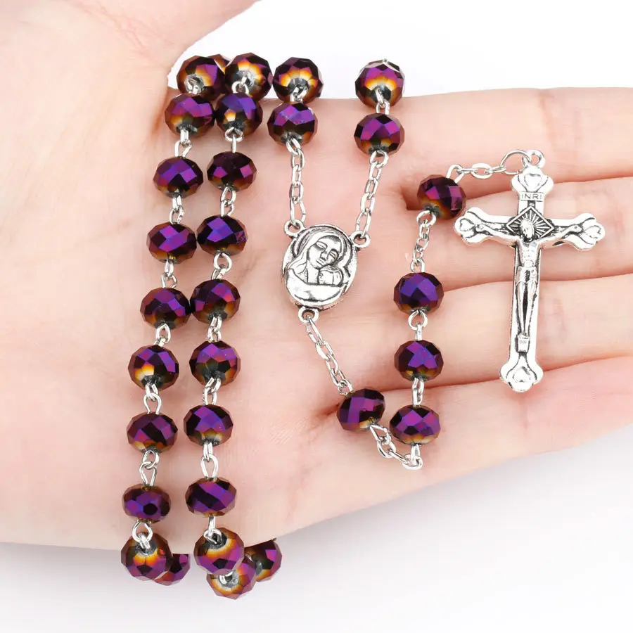 Fashion Handmade Glass Bead Catholic Rosary Quality Bead Cross Necklace Beads Cross Religious Pendants Necklace