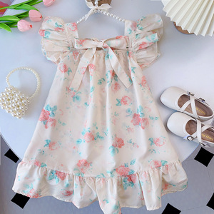 Commercio all'ingrosso abito <span class=keywords><strong>da</strong></span> principessa per ragazze colletto quadrato francese fiori di cotone gonna con volant decorazioni abbigliamento per bambini ODM fornitura - Product Image 2