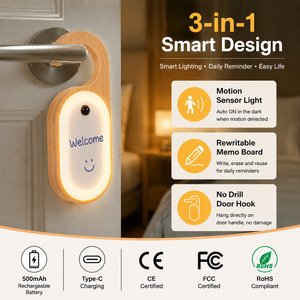 Lampada Notturna in Legno con Lavagna per Appunti, Sensore di Movimento PIR, Ricaricabile, da Appendere alla Porta, Lavagna Scrivibile Cancellabile, USB-C, per Ufficio, Vendita all'Ingrosso - Product Image 3