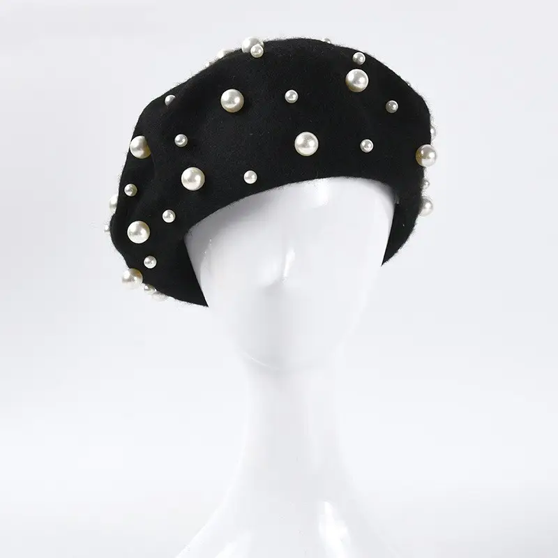 Black woollen pearls with vintage hand nailed beads pearl beret