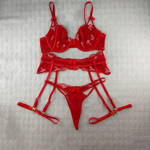Ensemble de lingerie rouge en dentelle pour femme, soutien-gorge push-up sexy à armatures, <span class=keywords><strong>porte</strong></span>-jarretelles, 3 pièces, vêtements de nuit intimes - Product Image 6
