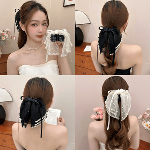 Korean style mesh hair <b>clip</b> for baby girls, new retro beaded multi-layered <b>bow</b>, small back of head shark <b>clip</b> for thicker hair. - Product Image 1