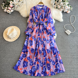 Retro Style Long Sleeved With Waistband and Slim A-line Printed Pleated Dress Elegant Large Hem Long Skirt - Product Image 5