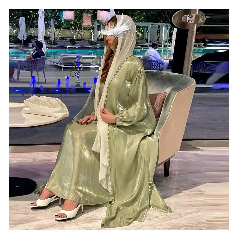 Son abaya tasarımlar Dubai İslam mütevazı müslüman kadınlar inci parlak organze saten ipek açık abaya ile iç astar elbise seti