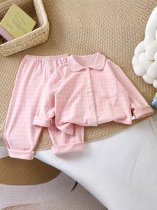 Ensemble de pyjamas pour enfants style coréen, cardigan à carreaux simple pour garçons et filles, vêtements d'intérieur à revers, deux pièces, chaud, en polyester - Product Image 4
