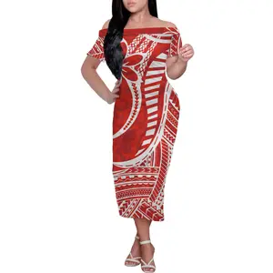 新产品创意2021超软红色半肩连衣裙女士波利尼西亚部落设计印花定制高清图案晚礼服