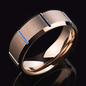 Anillo de Tungsteno OBE Jewelry de 8mm en Oro Rosa Azul para Hombre y Mujer, Anillo de Compromiso con Bordes Biselados, Ranurado, Cepillado y Ajuste Cómodo - Product Image 2