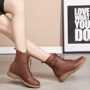 Botas de invierno de cuero genuino de vaca de primera calidad para mujer, de caña media, con suela suave, color marrón, con cremallera, para otoño, con aumento de altura a media pantorrilla - Product Image 5